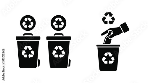 Recycling bins and a hand dropping trash a stark silhouette