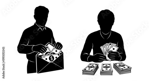 Business silhouette vector of man putting money in envelope and counting cash, financial corruption and bribery concept, black and white money icons
