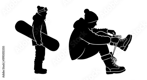 Snowboarder silhouette vector set, winter sports athlete carrying board and tying boots, black and white extreme sports character icons