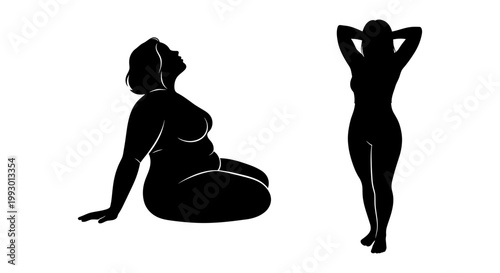 Body positive female silhouettes, curvy woman figure set in black vector, plus size lady shapes for self-love and wellness branding