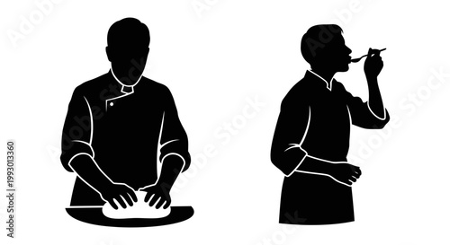 Professional chef silhouette vector set, baker kneading dough and cook tasting food, restaurant kitchen staff icons for culinary branding