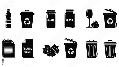 Black icons depicting various recycling and waste containers a silhouette
