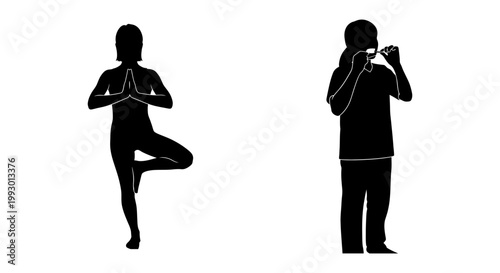 Healthy lifestyle silhouette vector set, woman practicing yoga tree pose, person brushing teeth for dental hygiene, wellness and self-care icons