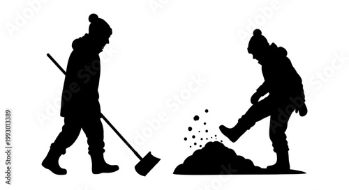 Winter silhouette of people shoveling snow, person clearing driveway with shovel, man kicking snow pile in winter clothes, seasonal maintenance vector