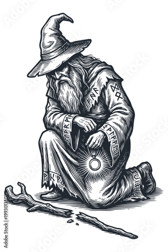 An old wizard kneels in sorrow over his broken staff. A concept of defeat, loss, or the end of a journey. Vector illustration in a vintage engraving style.