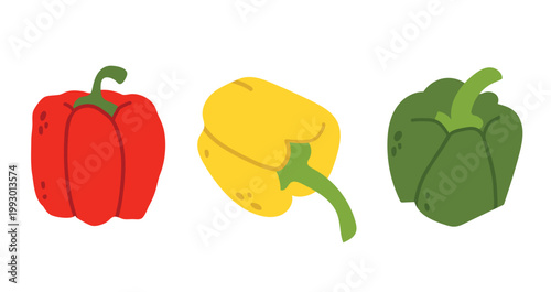 Set of three bell peppers in primary colors: red, yellow, and green. Simple flat design graphic for educational materials, menus, or food packaging