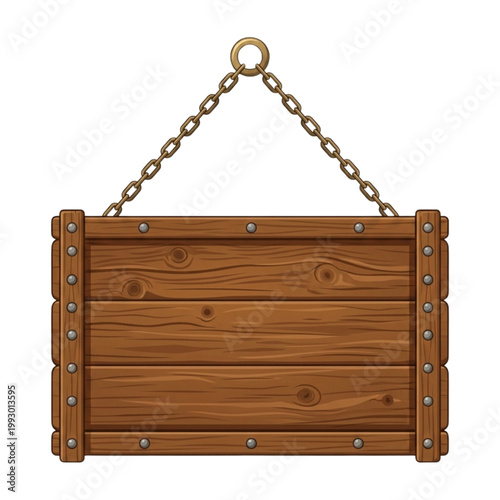 Blank Hanging Wooden Board with Iron Chain (Cartoon/Vector Style).