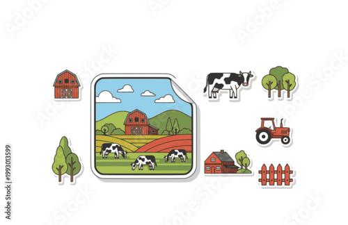 Rural Landscape Vector Illustration. Flat Village Scene with Barn, Grazing Cows, and Green Hills Sticker.