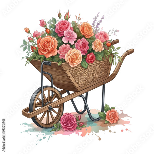 Garden Romance: A Wooden Cart Full of Roses