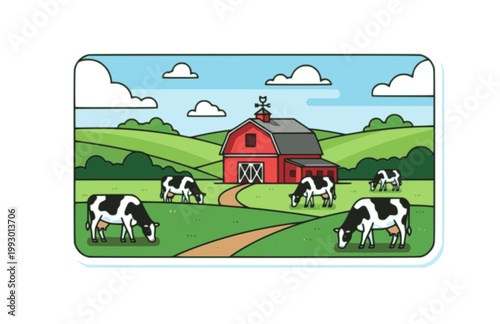 Rural Landscape Vector Illustration. Flat Village Scene with Barn, Grazing Cows, and Green Hills Sticker.