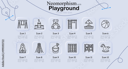 Playground set icon. Swing, castle, teddy, ladder, sandbox, ball, rocket, climbing net, bucket, tic tac toe, rings, horse, kids activity, park play, outdoor fun.