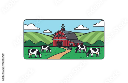 Rural Landscape Vector Illustration. Flat Village Scene with Barn, Grazing Cows, and Green Hills Sticker.