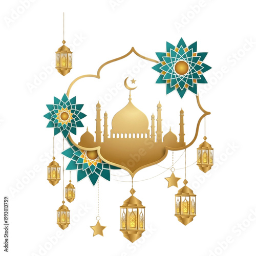 Teal-Gold Luxury Concept Ramadhan Kareem and Eid Al-Fitr Background.