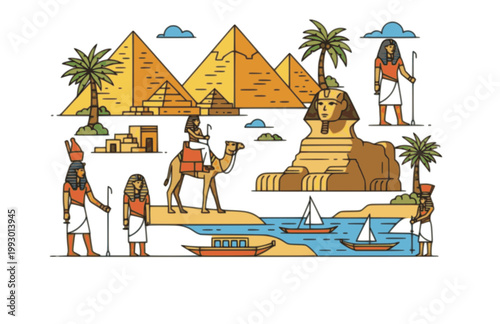 Egypt Ancient Landscape Vector. Flat Pharaoh Pyramids and Sphinx Illustration for Travel Sticker.