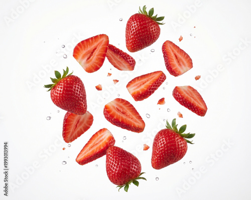 Strawberries and sliced strawberry flying in the air, isolated on white background