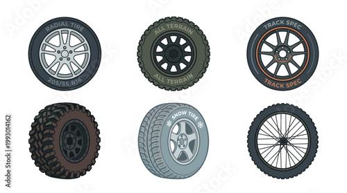 hand drawn tire types set illustration in vintage cartoon style for automotive use