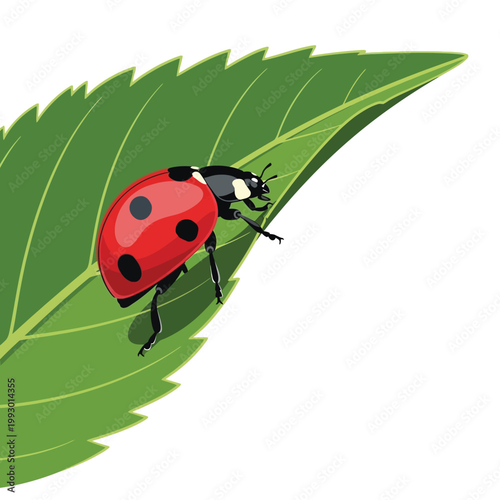 Fototapeta premium Ladybug on Green Leaf Vector Illustration, Cute Ladybird Beetle Insect on Foliage Isolated on White Background