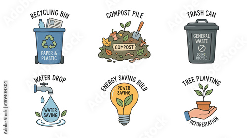 hand drawn eco recycling and waste sorting illustration set in modern doodle style