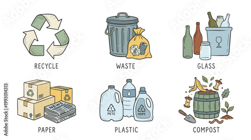 hand drawn eco recycling and waste sorting illustration set in modern doodle style
