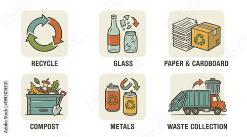 hand drawn eco recycling and waste sorting illustration set in modern doodle style