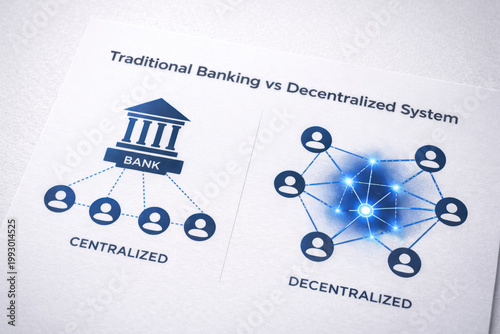 Decentralized network centralized banking financial system blockchain digital finance fintech food tech alternative proteins concept comparing