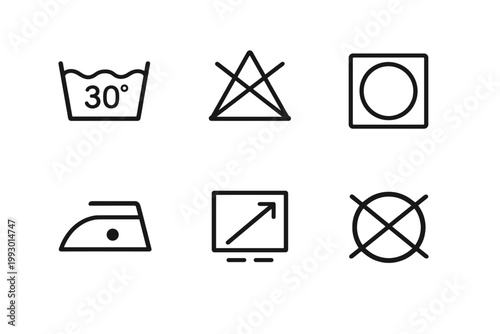 minimal laundry care symbols and washing icons set in outline style