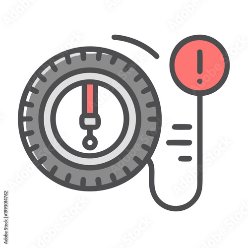 Tire pressure alert icon in flat design style with warning symbol
