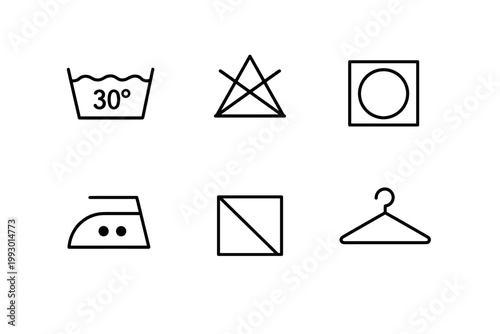 minimal laundry care symbols and washing icons set in outline style