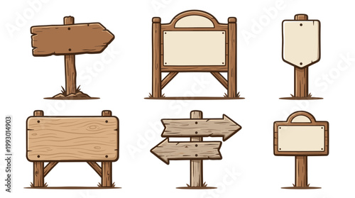 hand drawn wooden trail and camping signs set in rustic outdoor illustration style