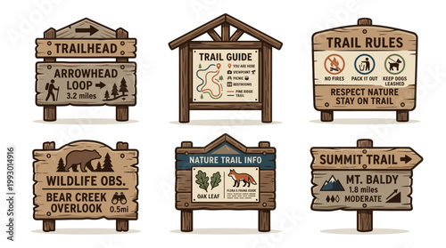 hand drawn wooden trail and camping signs set in rustic outdoor illustration style