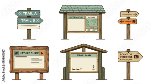 hand drawn wooden trail and camping signs set in rustic outdoor illustration style