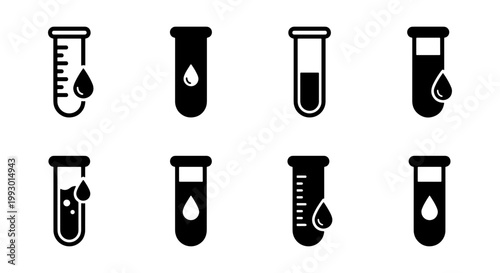 Medical test tube icons set, laboratory glassware with liquid droplets, 8 black and white science vector symbols for blood analysis and chemical research