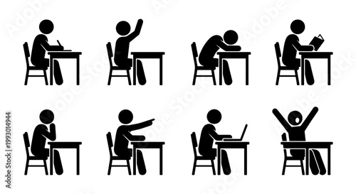 Student stick figure icons set, classroom pupils sitting at desks vector, school children learning and studying silhouettes, education behavior symbols