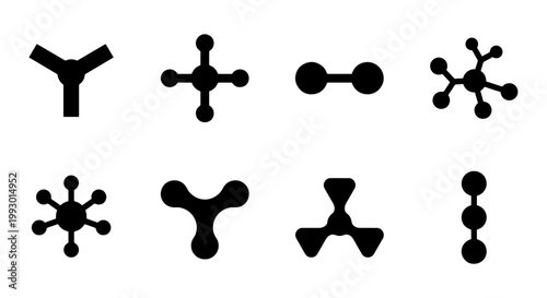 Minimalist molecule icon set, black chemical structure symbols, set of 8 scientific atom vector elements for laboratory and biotech branding