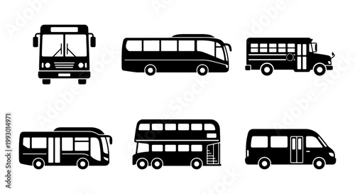 Public transport bus icons set, black silhouette city bus and school bus vector collection, double decker and shuttle van transport symbols
