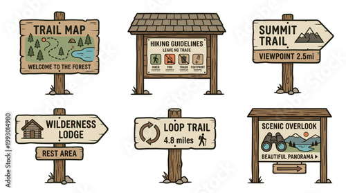 hand drawn wooden trail and camping signs set in rustic outdoor illustration style