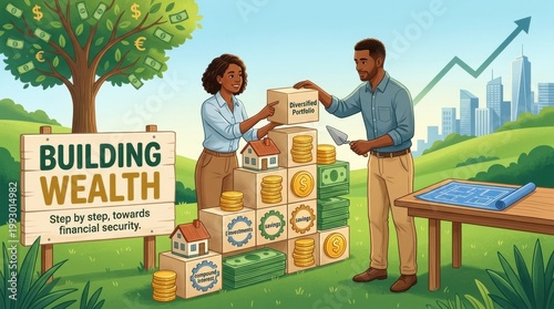 A man and a woman standing in a green field, building a tower of blocks with the words 'Building Wealth' on a sign.