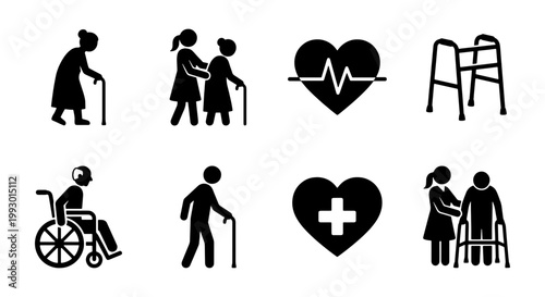 Elderly care icons set, senior citizen healthcare symbols, nursing home assistance pictograms, geriatric medical support vector collection