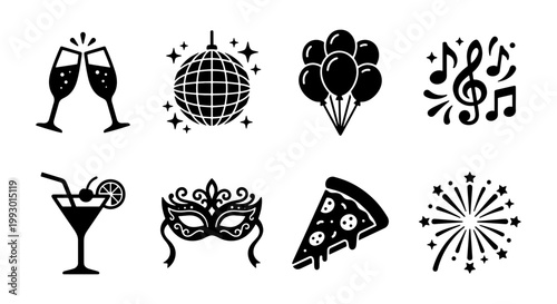 Party celebration icon set, 8 black vector symbols for events and nightlife, disco ball and champagne glasses, festive birthday and holiday elements