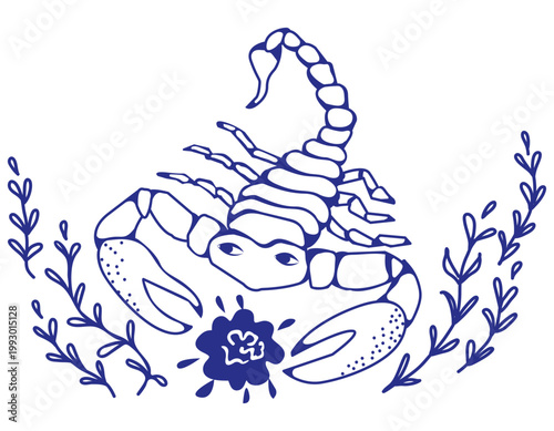 Scorpio zodiac sign with ornament of plants and roses. Scorpion. Horoscope, astrology. Black-and-white. Vector illustration	