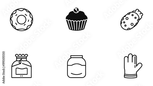 Culinary Assortment: A diverse collection of delectable baked goods and kitchen essentials, all rendered in simple, elegant line art, promising a delightful culinary journey.