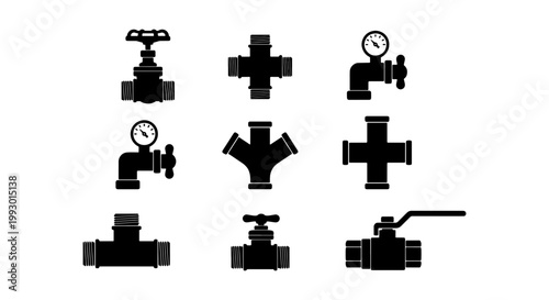 Industrial plumbing pipe fittings and valves set, 9 black vector icons of water pipeline connectors, pressure gauges and metal joint silhouettes