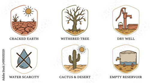 vintage style climate change and drought icons set with environmental concept illustrations