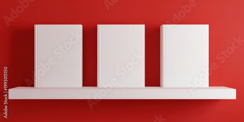 The books on a minimalist white shelf against a vibrant red background