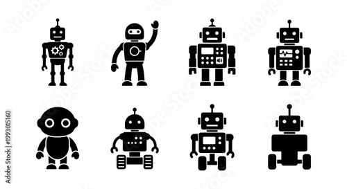 Retro robot icon set with 8 black silhouettes, vintage toy android vector illustrations, futuristic machine character collection for technology UI
