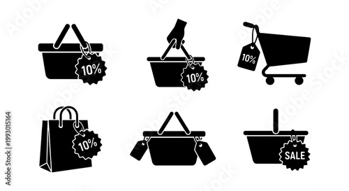 Shopping basket icons with 10 percent discount tags, black retail sale silhouettes, grocery cart and paper bag vector set for e-commerce marketing