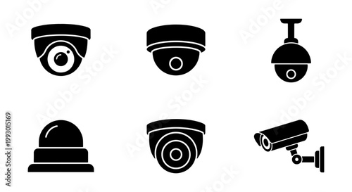 Security camera icon set, black CCTV surveillance vector symbols, 6 dome and bullet camera silhouettes for property protection and monitoring