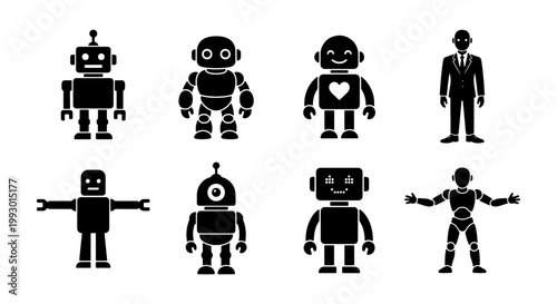 Futuristic robot icons set, black silhouette android characters, artificial intelligence technology avatars, 8 vector bot illustrations for web design