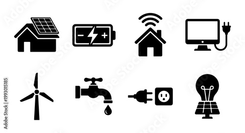 Sustainable energy icon set, renewable power and smart home technology symbols, 8 black vector silhouettes for green utility and eco infrastructure