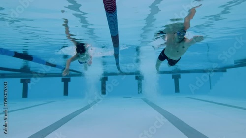 A group of swimmers are practicing in a pool during sports training. They are performing synchronized swimming, moving gracefully underwater in a competitive environment.